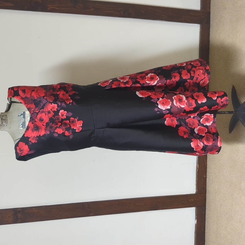 Talbots Red Roses and Black Dress, Fit and Flare